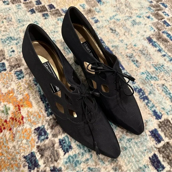 Stuart Weitzman Black Cutout Lace-Up Heels Size 8 - Picture 2 of 6